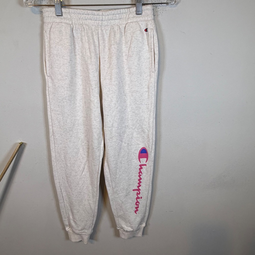 Champion Girls Sweatpants Pink Logo Graphic Oatmeal Size L 12
